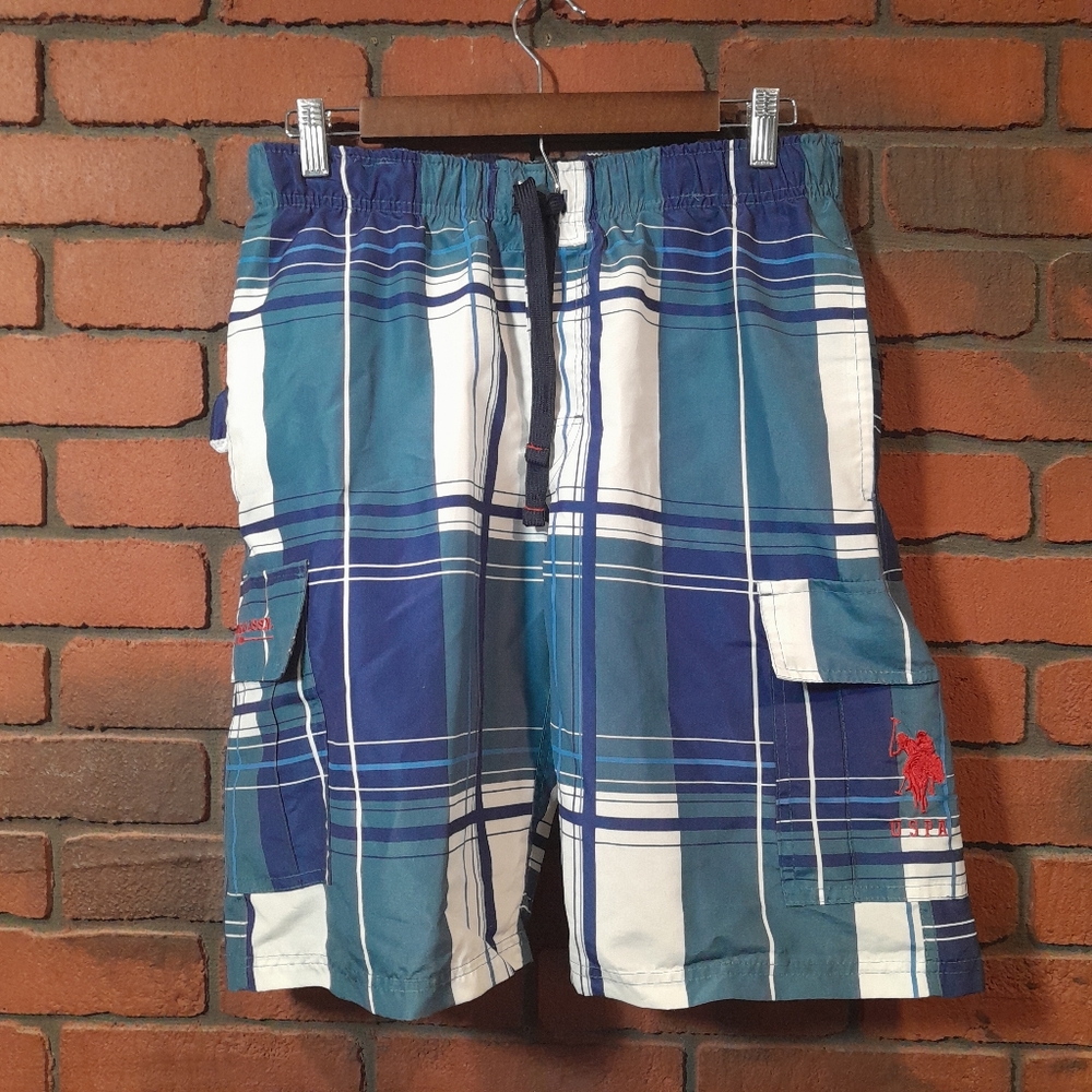 U.S. Polo Assn. Blue and White Plaid Swim Trunks